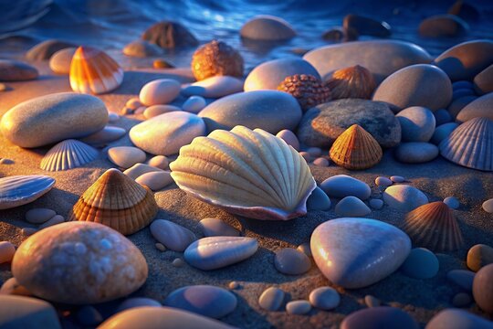 Close up of seashells and smooth stones on a sandy beach at dusk - Powered by Adobe