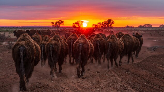 Walking herd of shaggy bison moving along dusty dirt track at sunset, kicking up dust - Powered by Adobe