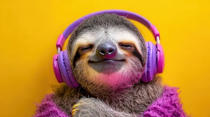 Obraz premium Contented mammal wearing vibrant headphones against a bright solid background