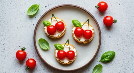Delicious appetizer with cream cheese, cherry tomatoes, and basil leaves on crackers, arranged on a plate with scattered tomatoes and leaves
