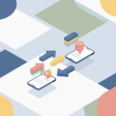 Isometric illustration of digital workflow and data transfer between smartphones.
