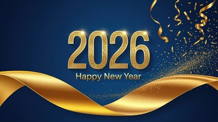 Glittering Gold 2026 New Year Celebration Card with Festive Sparkles and Elegant Blue Background for Holiday Greetings and Party Invitations