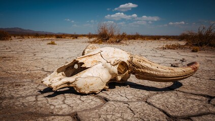 Lying bleached skull with long curved horn baking on cracked playa ground, casting shadow