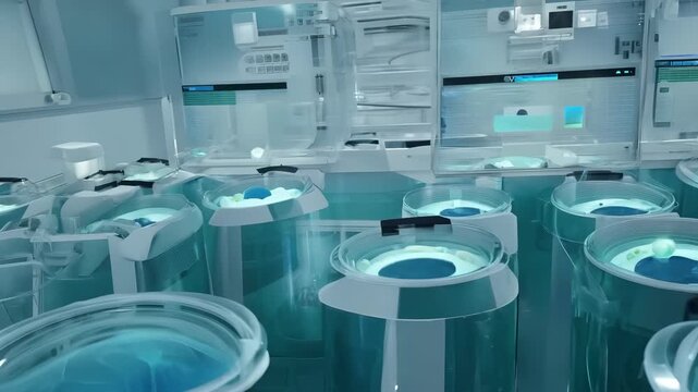 Cryogenic capsules glow under sterile light. futuristic technology, human preservation concept. Camera moves across cold lab filled with cryo pods. scientific innovation and suspended life.