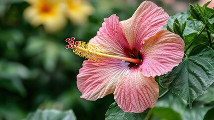 A close-up of exotic flowers in a botanical garden, including tropical blooms like hibiscus and orchids.