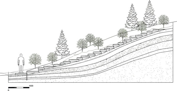 Landscaped hillside with stairs and trees in architectural plan