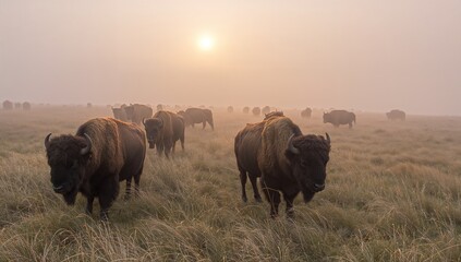 Grazing American bison herd moving across open prairie at misty sunrise, tall tussock grasses