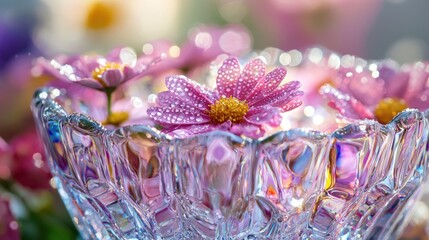 A close-up of fresh spring flowers in a decorative vase, with water droplets on the petals and soft natural light highlighting the colors.