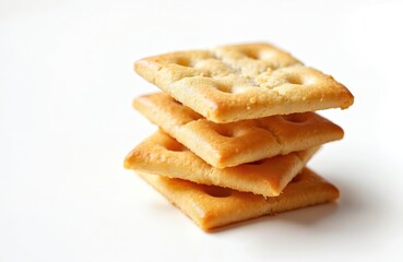 Stack of four golden square crackers rests on clean white background. Crunchy baked biscuits offer perfect savory snack food. Enjoy simple delicious treat ideal for diet lunch party meal with friends.