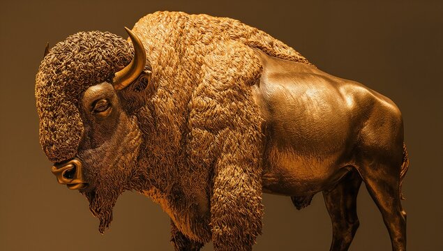 Showing bronze bison filling frame in studio, highlighting textured fur, horns, muscles, warm light