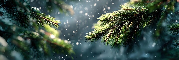 Snowy pine branches with falling snowflakes in winter forest, creating magical holiday atmosphere for seasonal greeting cards and festive designs.