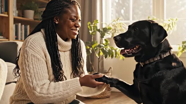Dog shaking paw with african american woman in cozy living room, bright window light on fur. Dog shaking paw brings joy, domestic animal shows love and gratitude in friendly exchange.