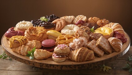 Displaying round wooden serving board filled with croissants macarons custard tart on rustic table