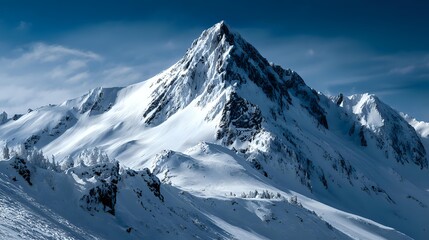 Majestic snow-covered mountain peak rising dramatically against deep blue sky, showcasing pristine winter landscape with steep slopes and ridges for adventure sports backgrounds.