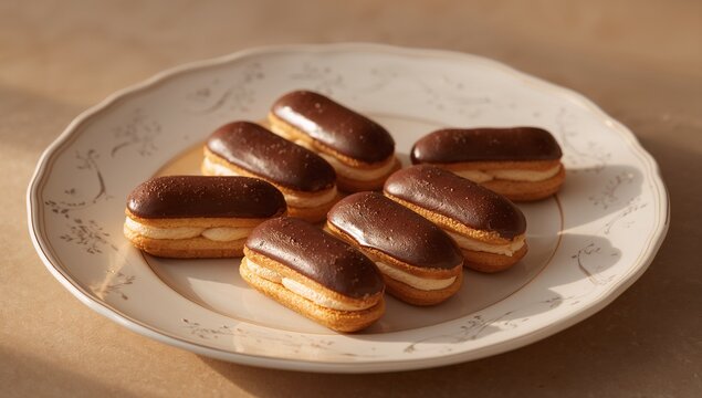Displaying porcelain plate holding seven chocolate-glazed eclairs in kitchen, with floral gold rim - Powered by Adobe