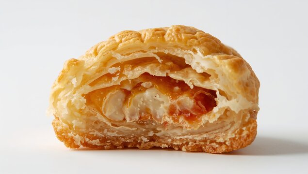 Showing halved puff pastry revealing flaky layers and jam with fruit pieces, crumbs on white table