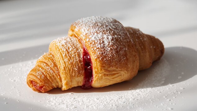 Sitting golden croissant oozing red jam on smooth white plate, powdered sugar sparkling