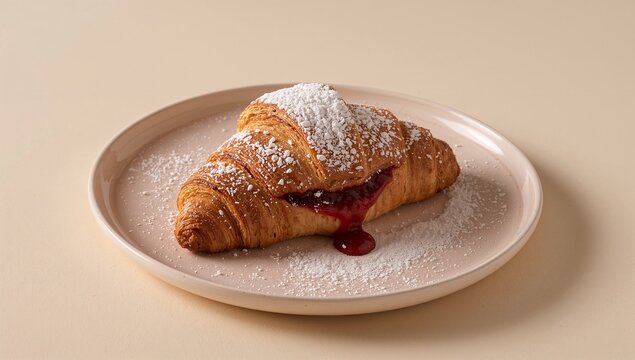 Sitting golden croissant oozing red jam on round ceramic plate on beige tabletop, powdered sugar - Powered by Adobe