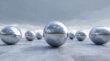 Group of nine spherical objects arranged in a line on a concrete surface. the objects appear to be made of metal and have a shiny, reflective surface.