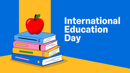 International education day concept with a vibrant stack of colorful books and a bright red apple, symbolizing global education and academic growth