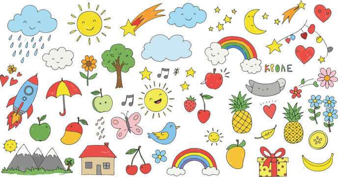 Cute hand drawn doodle collection of cheerful icons