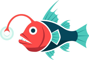 Cartoon Anglerfish with bioluminescent lure illustration on deep black background