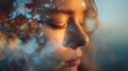 Close-up portrait of young woman with closed eyes in golden sunlight with blue smoke or floral overlay creating dreamy atmospheric effect.