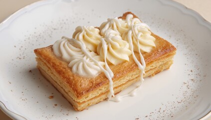 Displaying layered puff pastry resting on scalloped white plate, with cream rosettes