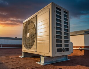 Air Conditioning Unit on Rooftop at Sunset with Colorful Sky