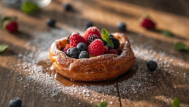 Showing round layered pastry on rustic wood table, caramel glaze dripping, berries, mint and sugar - Powered by Adobe