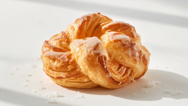 Highlighting twisted laminated pastry showing flaky layers on white tabletop, with glaze, crumbs