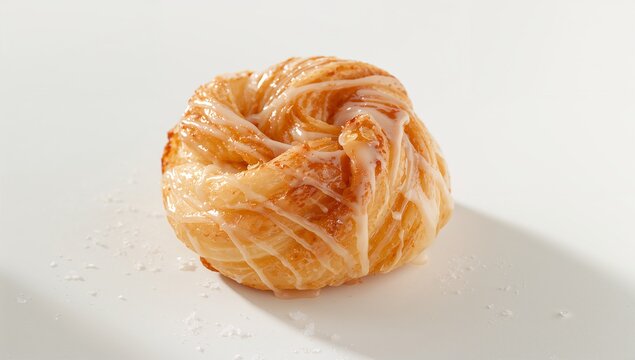 Displaying twisted laminated pastry on white surface, with glaze drizzle, sugar crystals, crumbs - Powered by Adobe