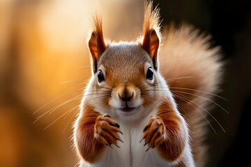 Obraz premium Curious red squirrel with paws together against warm autumn background, looking directly at camera with bright eyes and distinctive ear tufts.