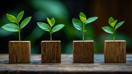 Four seedlings in wooden blocks showing staggered growth on a wooden surface