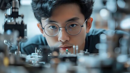 Young Asian male scientist with round glasses examining electronic components in laboratory setting with focused expression.