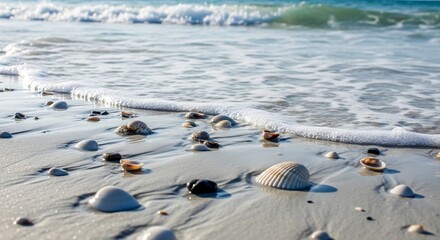 Seashells scattered on a sandy beach with gentle waves washing ashore.