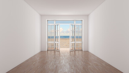 An Empty White Room with Parquet Floor and Curtains. Open Glass Doors Overlook the Beach. Frontal view of a light wall. Yellow Sand and Clouds. 3d rendering, Ultra HD 8K, 7680x4320, 300 dpi