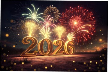 Golden 2026 numbers illuminated by vibrant fireworks display