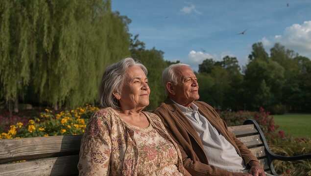 Sitting senior couple wearing casual jacket, floral blouse on wooden bench near yellow pink blooms