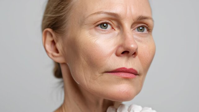 Close up mature woman face skin cosmetic thread lift procedure showing smooth skin wrinkle aging beauty profile healthcare