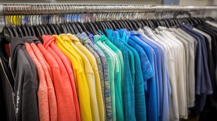 A clothing rack displaying a variety of colorful and stylish jackets, sweaters, and t-shirts in a bright retail store.