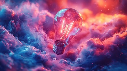 Glowing lightbulb floats in swirling clouds of pink, purple, and blue colors