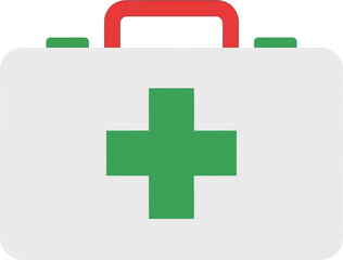 Simple first aid kit illustration in green, red, and white, representing healthcare, safety, and