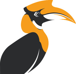 Striking hornbill illustration showcasing vivid orange and bold black colors against darkness