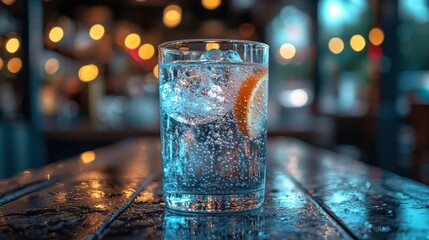 Glass of clear drink with ice and lemon slice on dark, wet wood surface