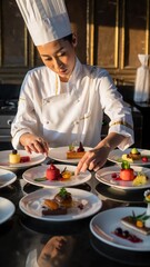 Professional Chef Arranging Elegant Desserts in Gourmet Kitchen