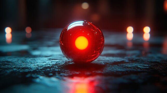 Glowing red orb on rough, wet surface; blurred lights in background