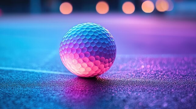 Golf ball, multicolored in neon lights, rests on the ground. Bokeh background