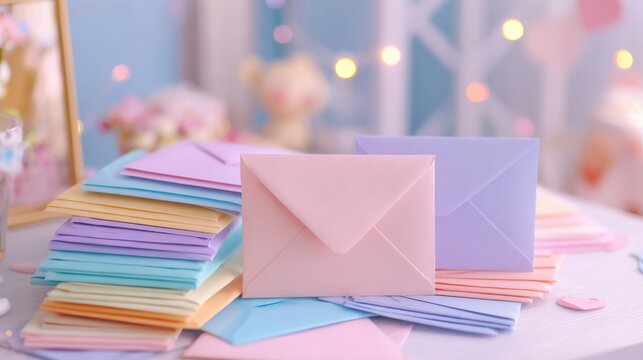 Pastel envelopes on the desk in warm, glowing bokeh light. - Powered by Adobe