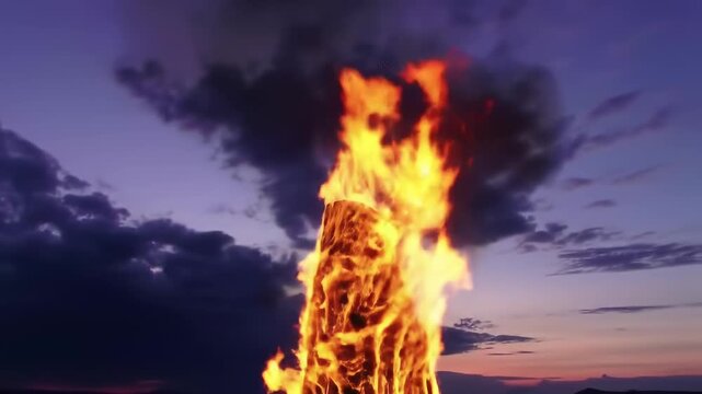 A towering flame, sculpted by heat and wind, burns against a dusk sky, with dramatic clouds and a hint of a landscape below